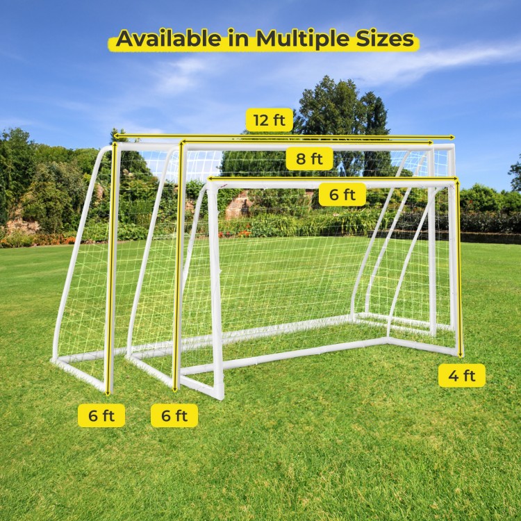 8 x 6 ft soccer goal made of weather-resistant UPVC pipes, includes ground stakes and 5 cones for training.