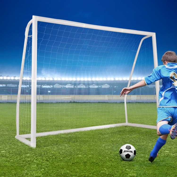 8 x 6 Ft soccer goal made of weather-resistant UPVC pipes, featuring a sturdy net and ground stakes for stability.