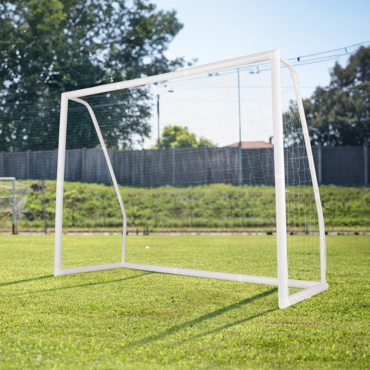 8 x 6 ft soccer goal made of weather-resistant UPVC pipes with ground stakes, ideal for backyards and parks.