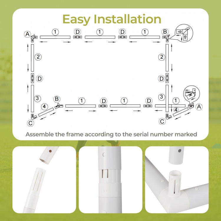 Assembly instructions for the 8 x 6 Ft soccer goal with labeled parts for easy setup and installation.