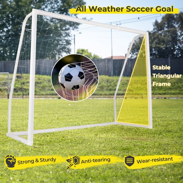 8 x 6 ft weather-resistant soccer goal with sturdy net and ground stakes, ideal for backyard play and training.
