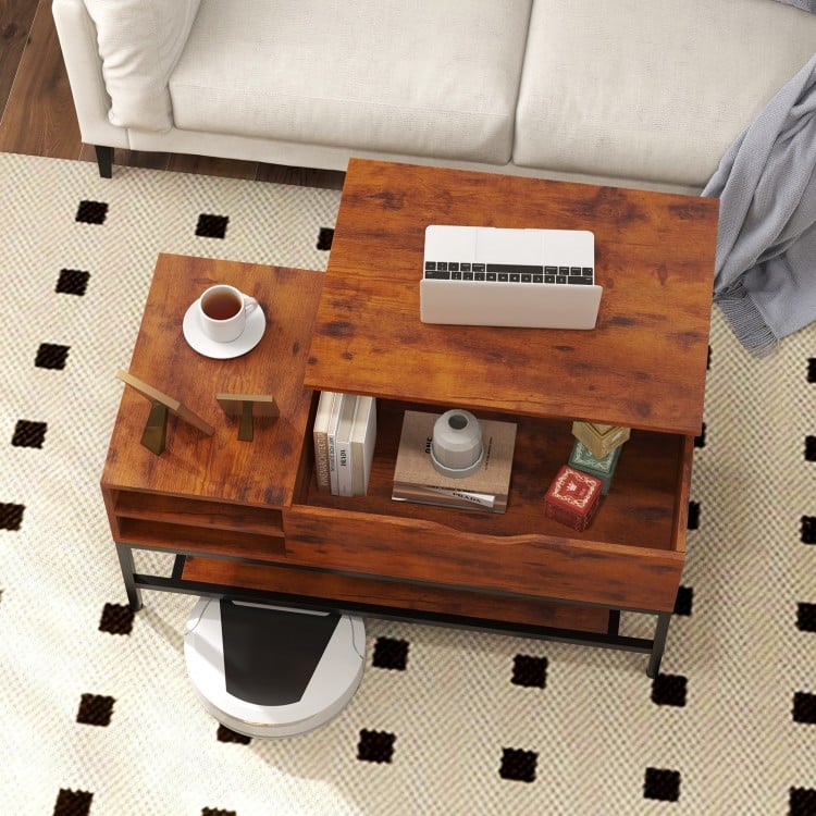 Lift top coffee table in rustic brown with hidden storage and removable shelf, perfect for dining or working.