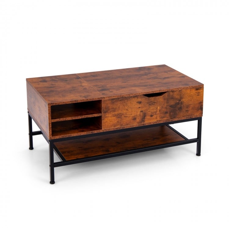Lift top coffee table in rustic brown with hidden compartment, removable shelf, and sturdy metal frame for versatile.