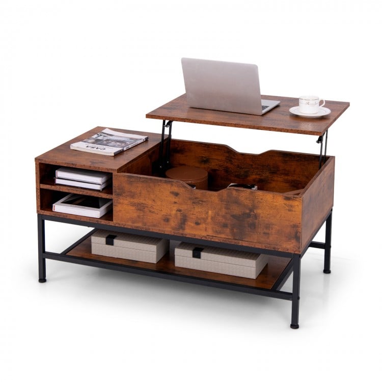 Lift top coffee table in rustic brown with hidden compartment and removable storage shelf, ideal for dining or working.