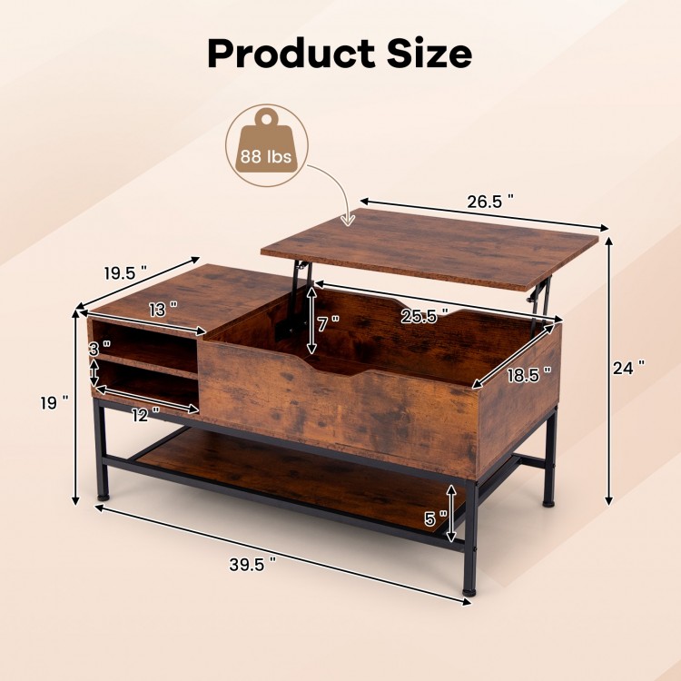 Lift top coffee table in rustic brown with hidden compartment and removable shelf, ideal for dining or working.