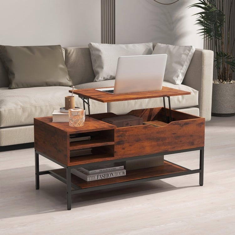 Rustic brown lift top coffee table with open compartments and adjustable foot pads, perfect for stylish organization.