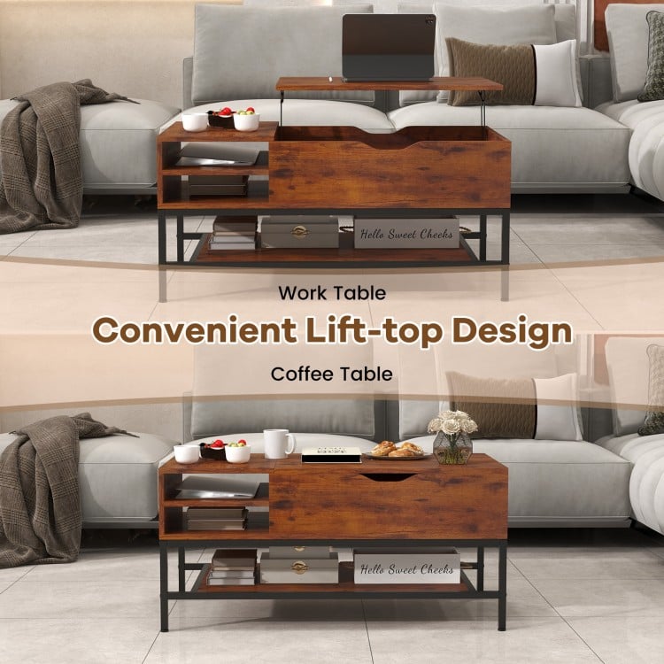 Lift top coffee table in rustic brown featuring a spacious surface and industrial style, perfect for living room.