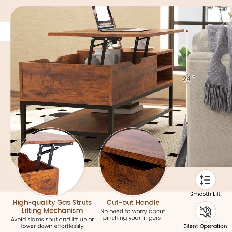 Lift top coffee table in rustic brown with hidden storage, sturdy metal frame, and smooth gas struts for versatile use.