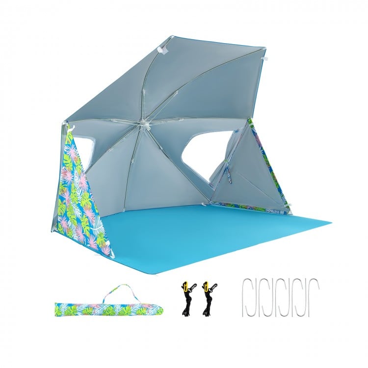Blue UPF50+ sun protection beach umbrella tent with pop-up design, mesh windows, and carrying bag for outdoor.