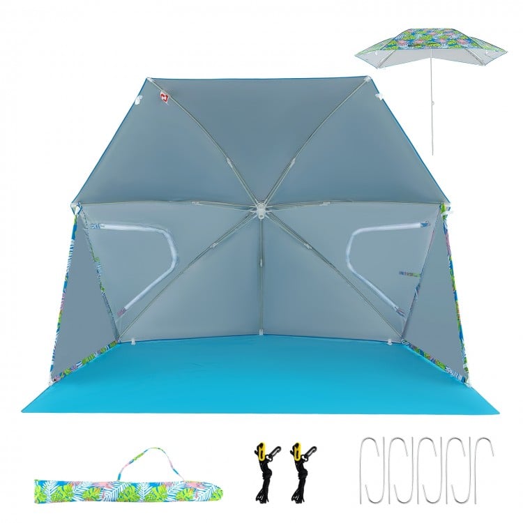 Blue UPF50+ sun protection beach umbrella tent with pop-up design, carrying bag, and zippered mesh windows for.