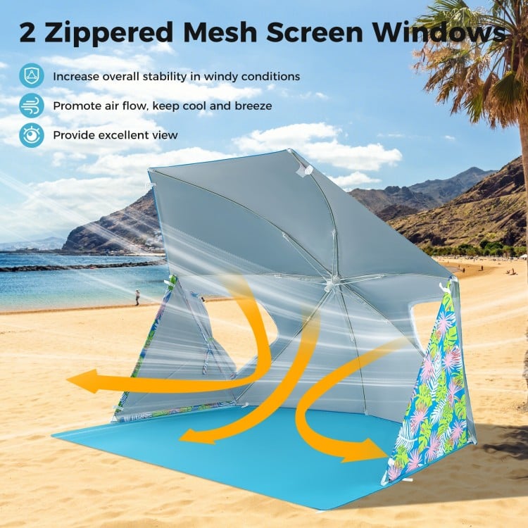 Blue UPF50+ beach umbrella tent with 2 zippered mesh windows for airflow and stability, ideal for outdoor activities.