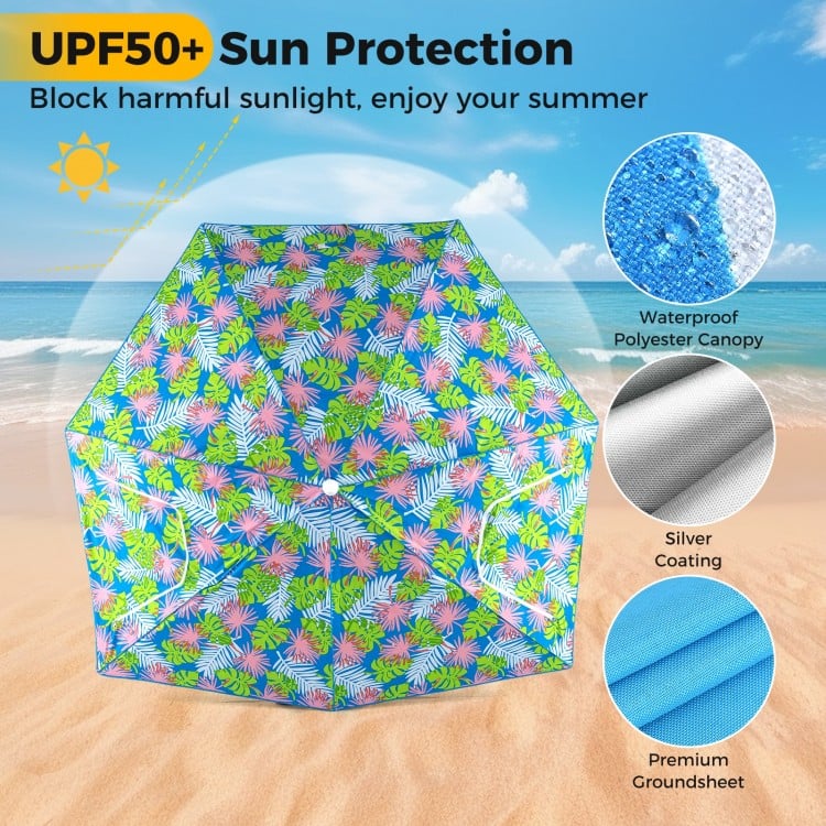 Colorful UPF50+ beach umbrella tent with zippered mesh windows, perfect for sun protection during outdoor activities.