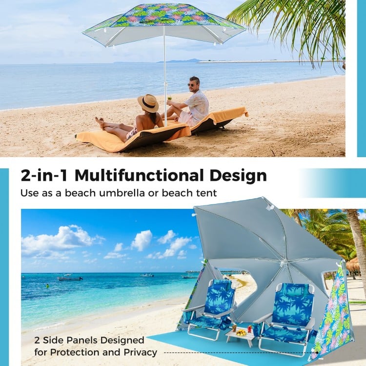 Portable UPF50+ beach umbrella tent with side panels, perfect for sun protection and privacy during outdoor activities.