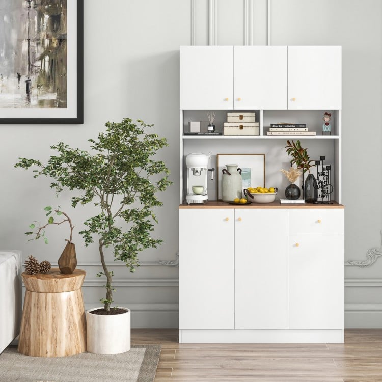 71-inch tall white pantry cabinet with wood-textured countertop, adjustable shelves, and AC outlets for dining room.