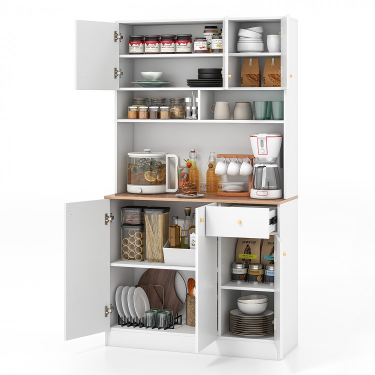 Tall white pantry cabinet featuring adjustable shelves, a wood-textured countertop, and multiple storage compartments.