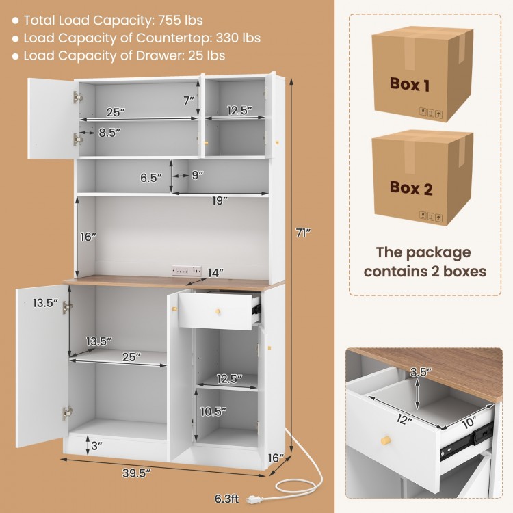 71-inch tall white pantry cabinet with wood-textured countertop, adjustable shelves, and built-in outlets for dining.