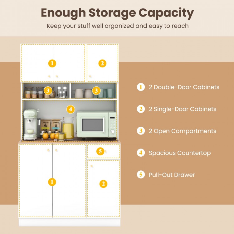 71-inch tall white pantry cabinet featuring double and single-door cabinets, open compartments, and a pull-out drawer.