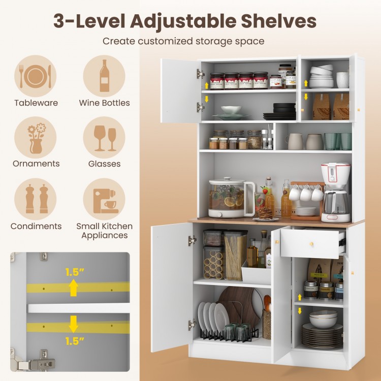 Three-level adjustable shelves in a 71-inch tall white pantry cabinet with outlets for organized kitchen storage.