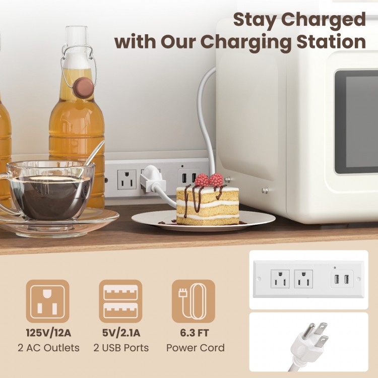 White pantry cabinet with wood-textured countertop, 2 AC outlets, 2 USB ports, and adjustable shelves for versatile.