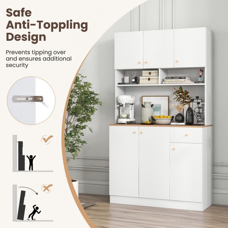 71-inch tall white pantry cabinet with wood-textured countertop, adjustable shelves, and anti-tipping design for safety.
