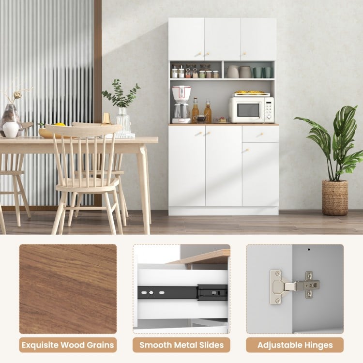 71-inch tall white pantry cabinet featuring wood-textured countertop, adjustable shelves, and built-in outlets for.