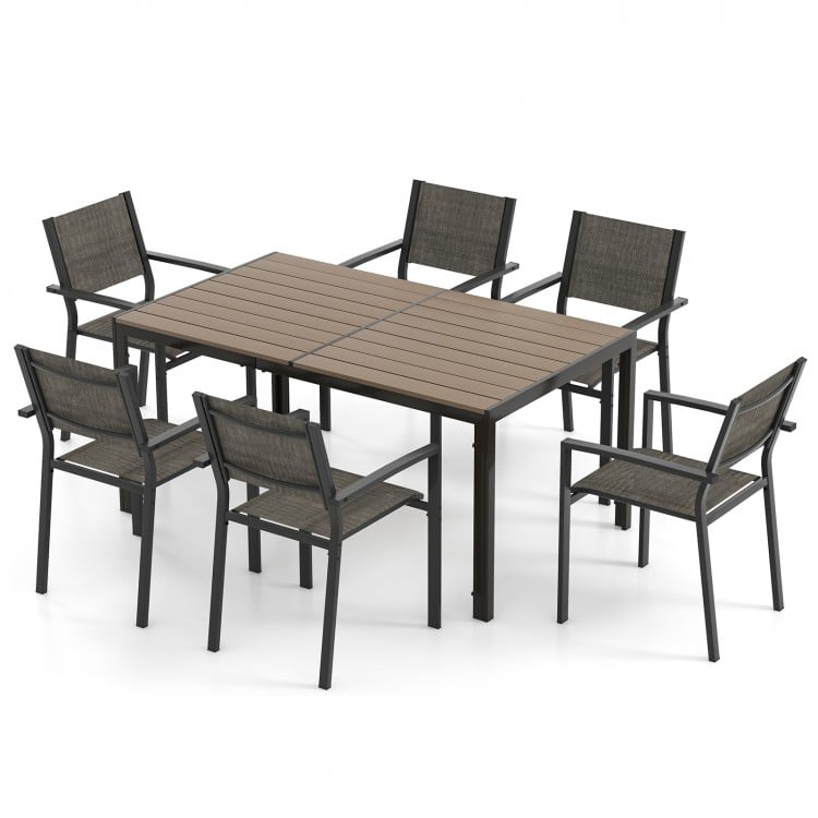 7 Piece Outdoor Dining Set with 6 Stackable Chairs and Large Rectangle Table - Gallery View 1 of 12