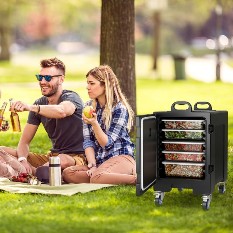 Stackable insulated food pan carrier with 81-quart capacity, featuring 8 drawer-type slots for easy food organization.