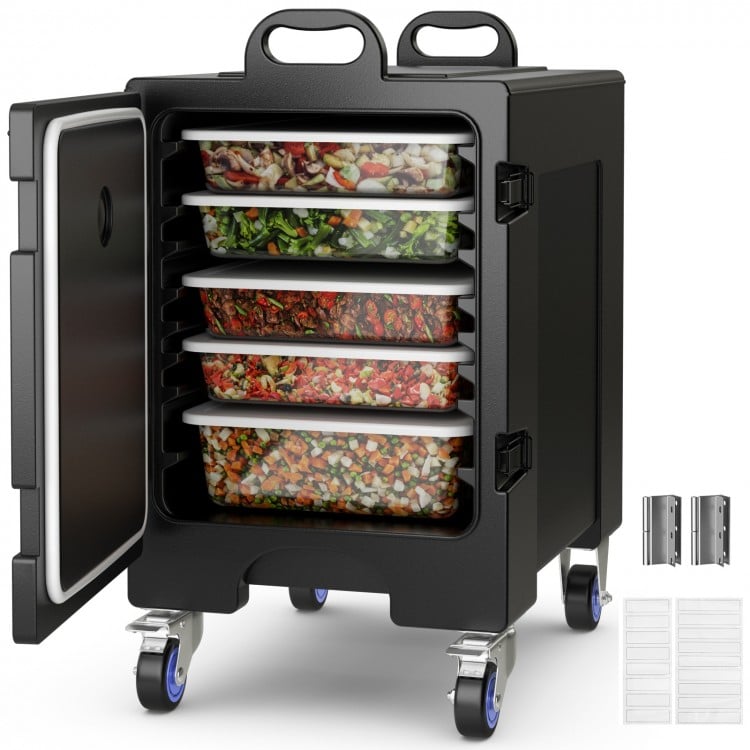 Stackable insulated food pan carrier with 81-quart capacity, featuring 4 drawers, wheels, and handles for easy.