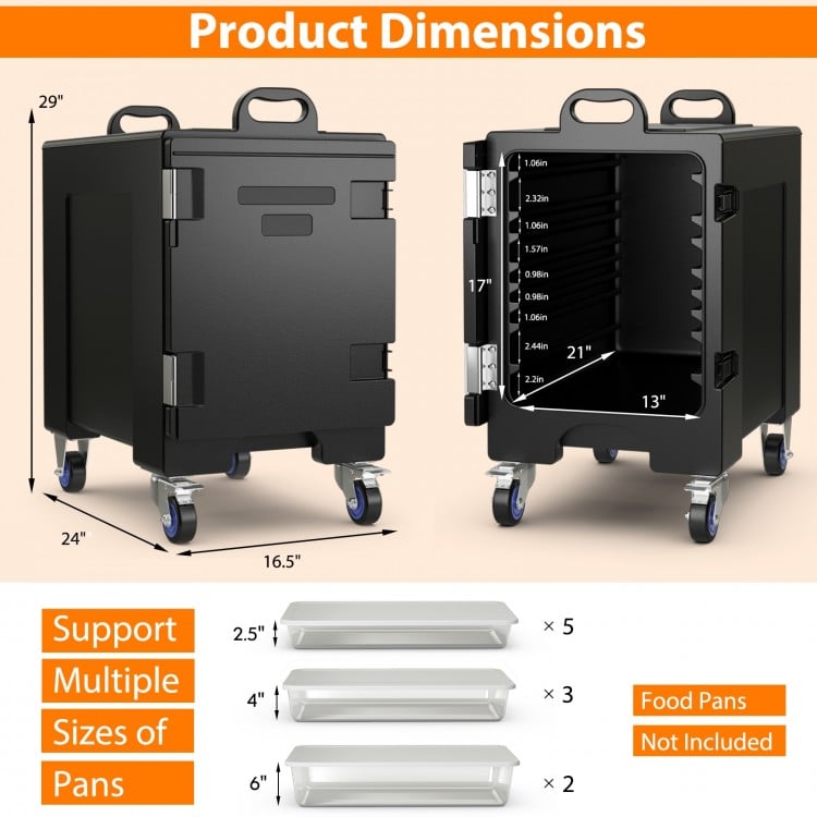 Stackable insulated food pan carrier with 81-quart capacity, featuring 8 drawer-type slots and 4 wheels for easy.