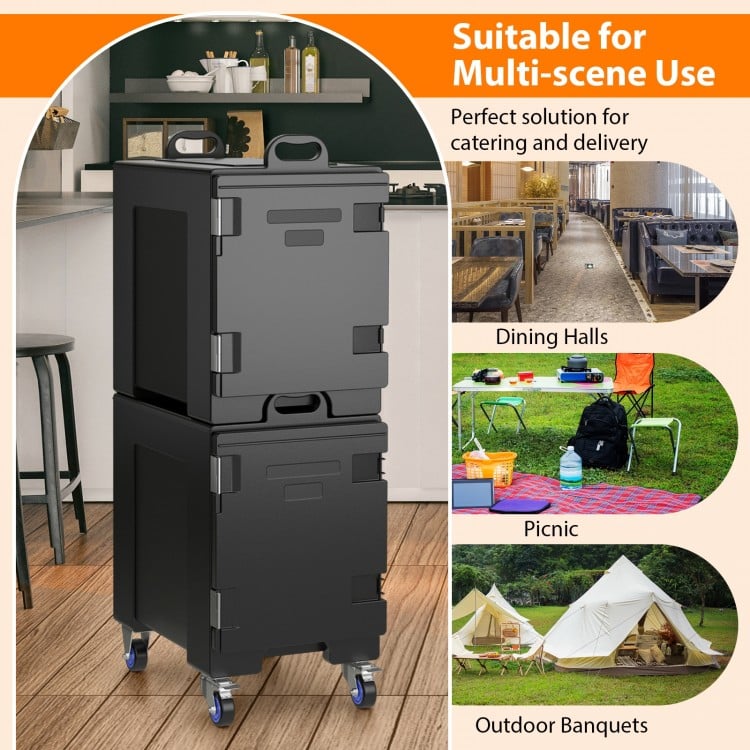 Stackable insulated food pan carrier with 81-quart capacity, durable LLDPE, and easy transport wheels for catering use.