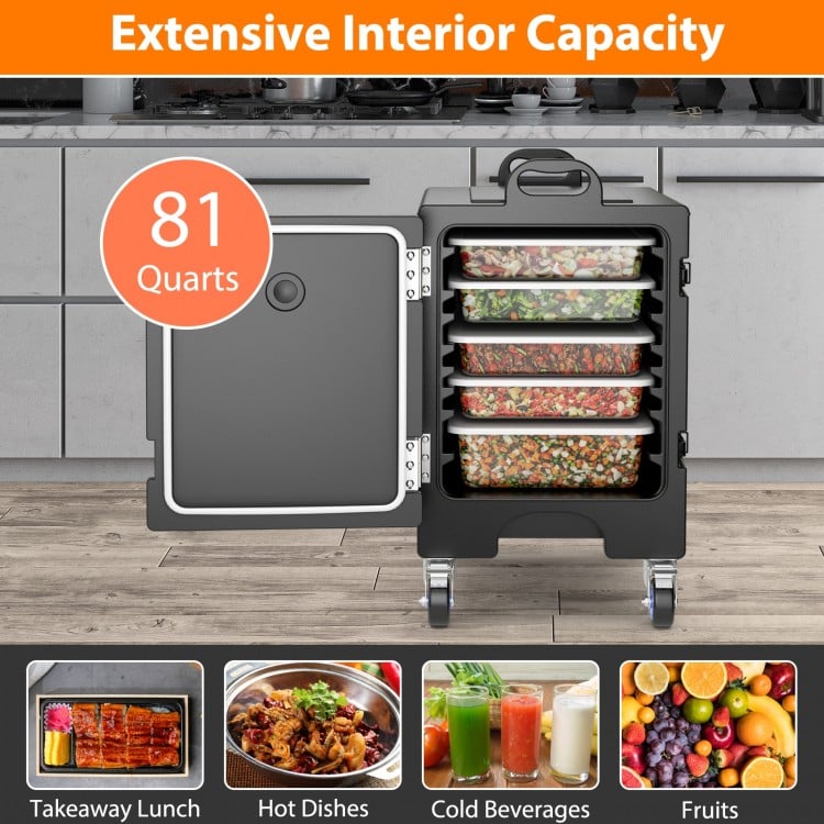 Stackable insulated food pan carrier with 81-quart capacity, featuring drawer slots and easy-access door for food.