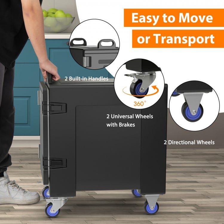 Stackable insulated food pan carrier with 81-quart capacity, featuring wheels and handles for easy transport.