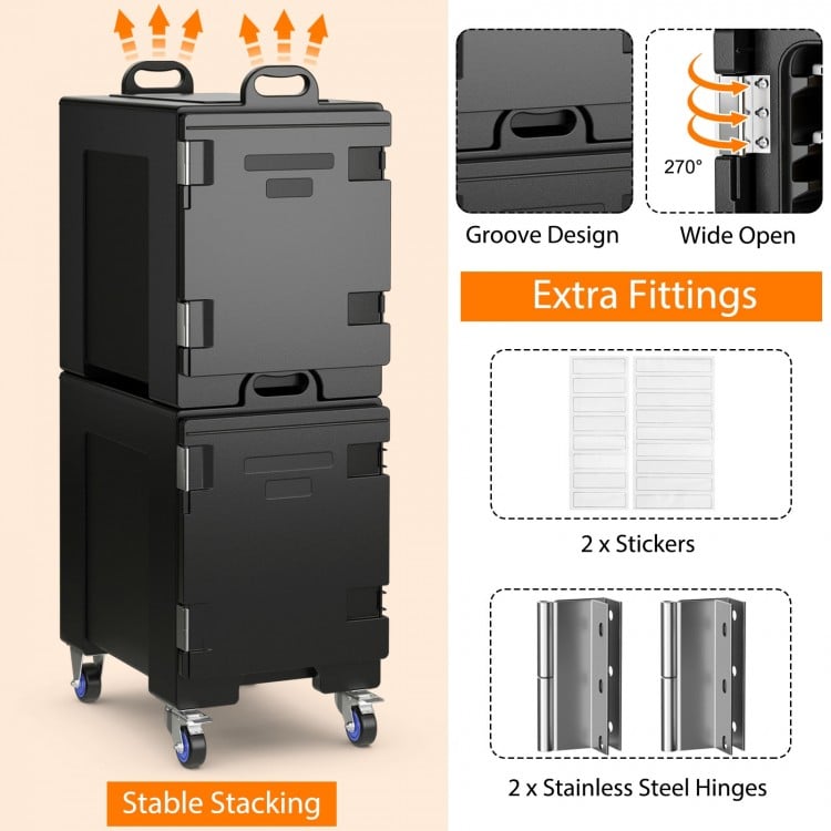 Stackable insulated food pan carrier with 81-quart capacity, 270° door opening, and durable LLDPE for easy transport.