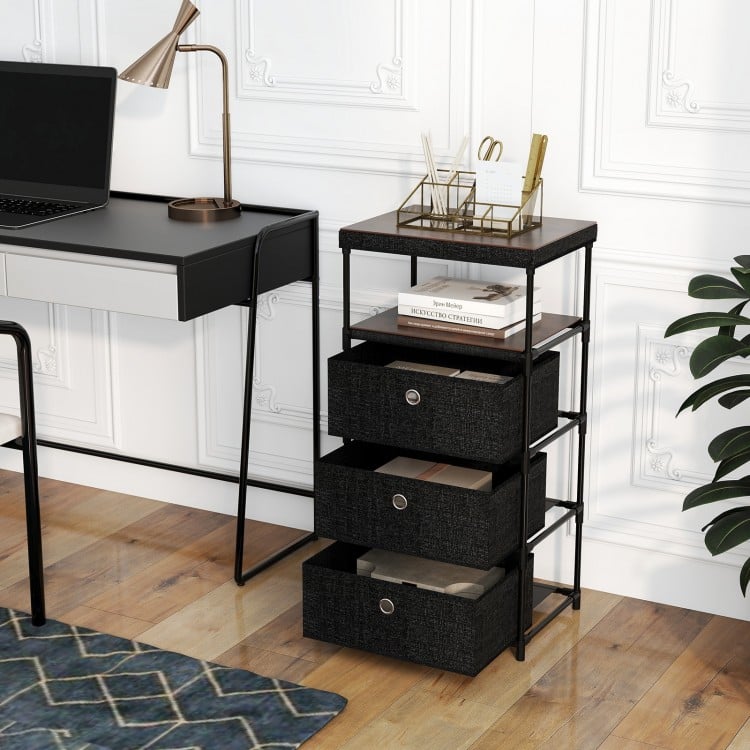 Fabric storage tower with 3 removable drawers and a wood top, ideal for organizing office or living room essentials.