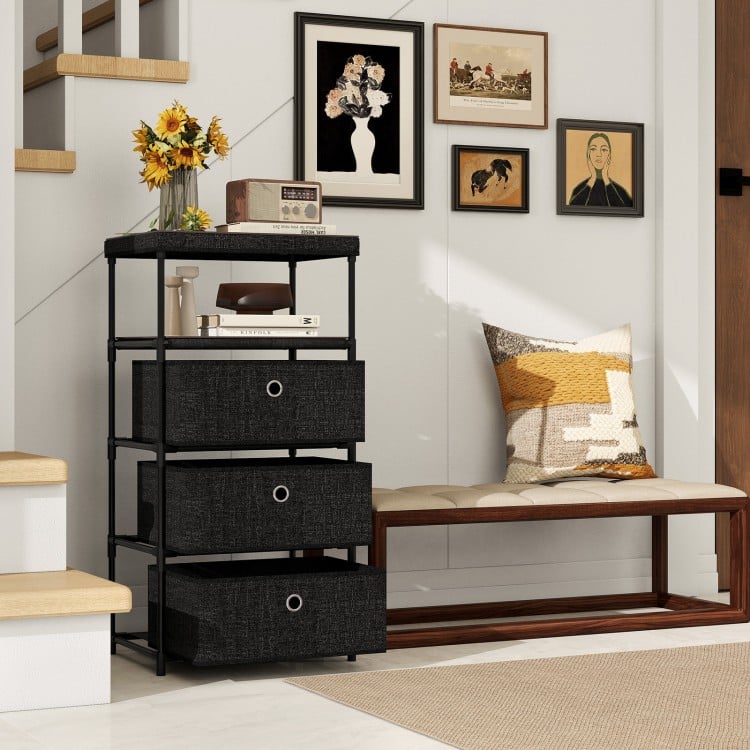 Dresser with 3 fabric drawers and wood top, featuring a metal frame, ideal for living rooms or offices.