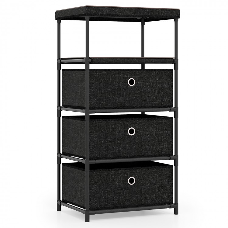 Fabric storage tower with three removable drawers, metal frame, and wood top, ideal for living rooms and offices.