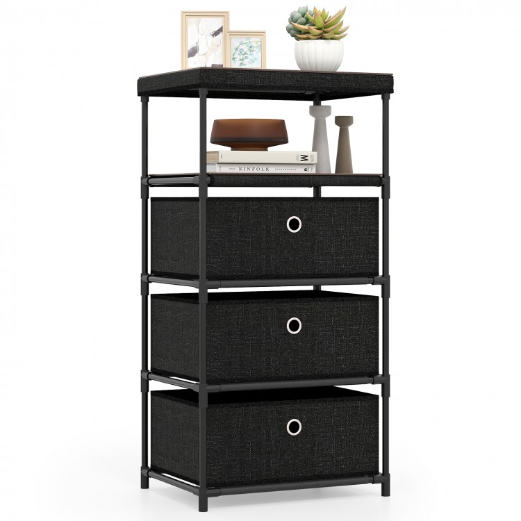 Storage tower with fabric drawers and wood top, featuring metal handles for easy access, perfect for living room.