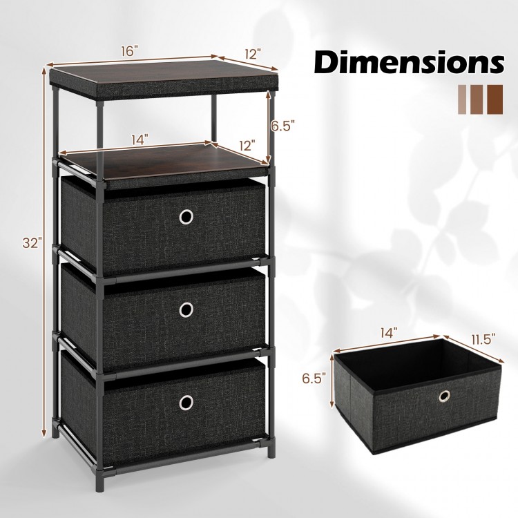 Dresser with 3 fabric drawers and wood top, featuring a metal frame, ideal for living rooms and offices.