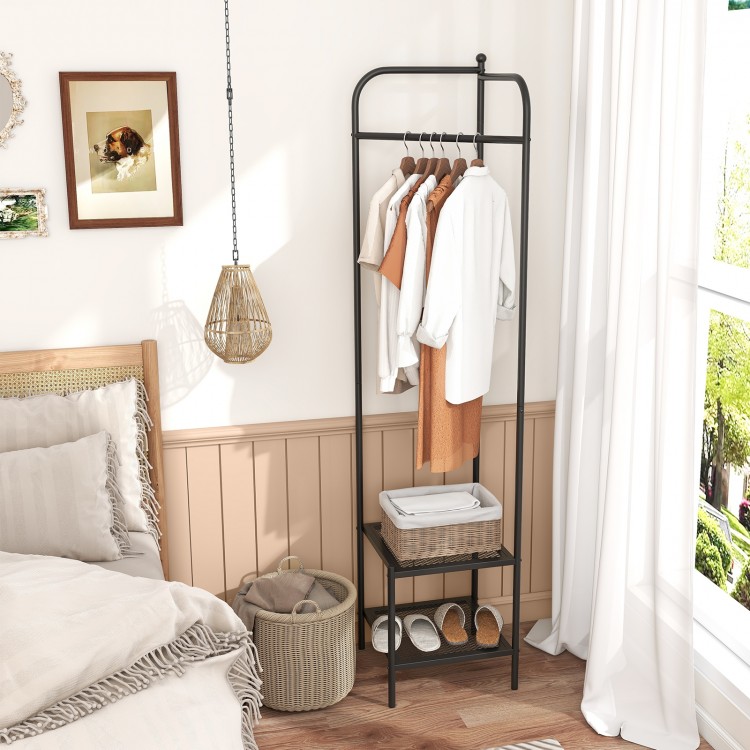 Black corner coat rack with top hanger and two mesh shelves, perfect for entryway or bedroom storage.