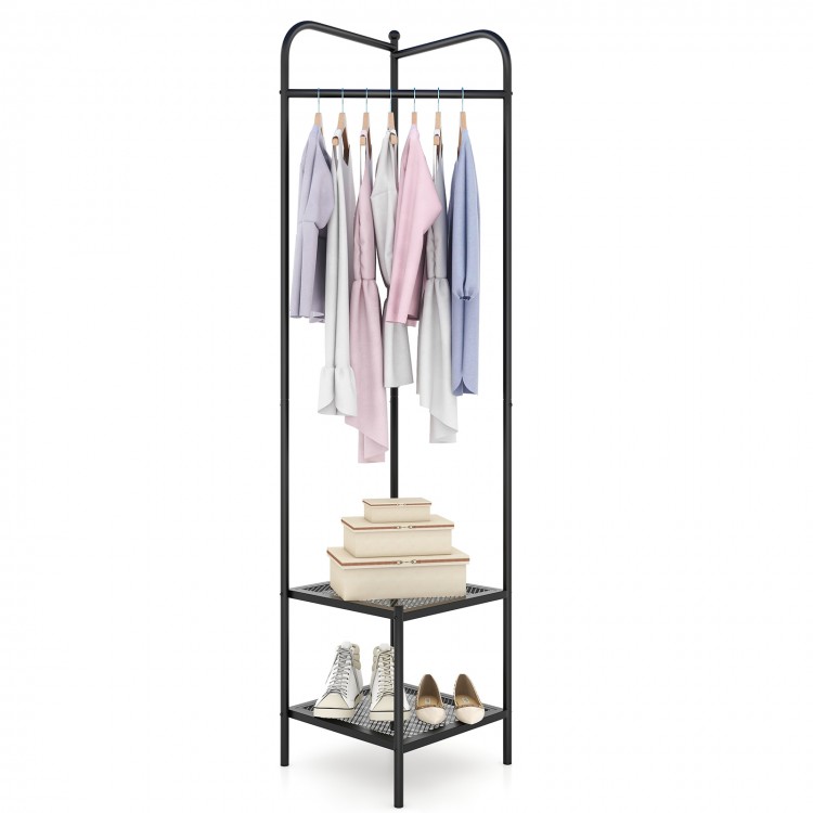 Corner coat rack in black with top hanger and 2 mesh shelves, ideal for entryway or living room storage.