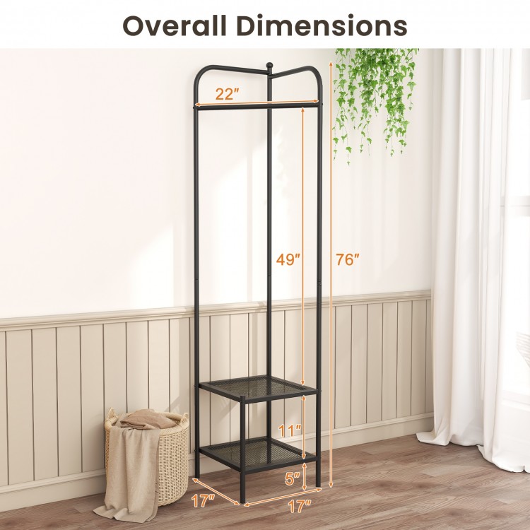 Corner coat rack in black with top hanger and two mesh shelves, ideal for entryway or hallway storage.