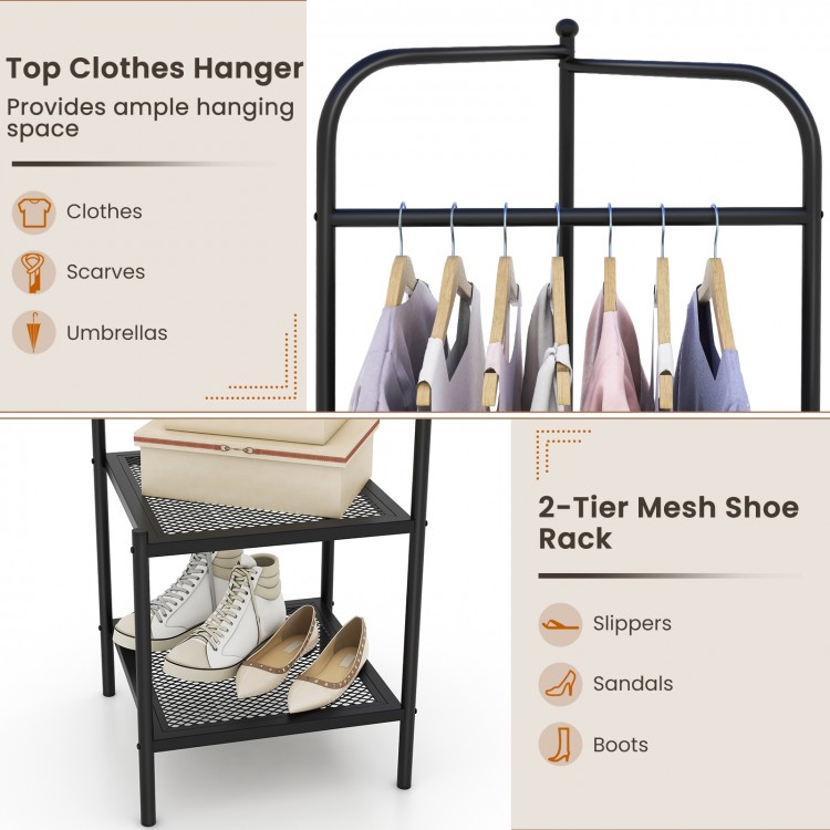 Corner coat rack in black with top hanger and 2-tier mesh shelves, perfect for entryway or living room storage.