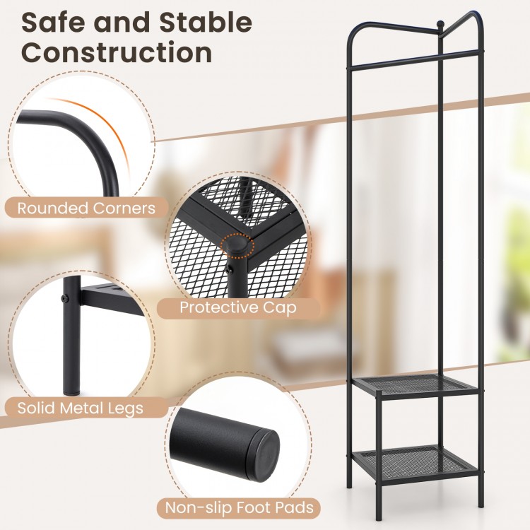 Corner coat rack in black with top hanger and two mesh shelves, featuring anti-slip foot pads for stability and safety.