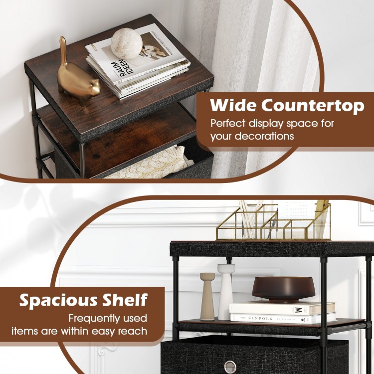 Dresser with fabric drawers and wood top, featuring a wide countertop and spacious shelf for easy access to items.