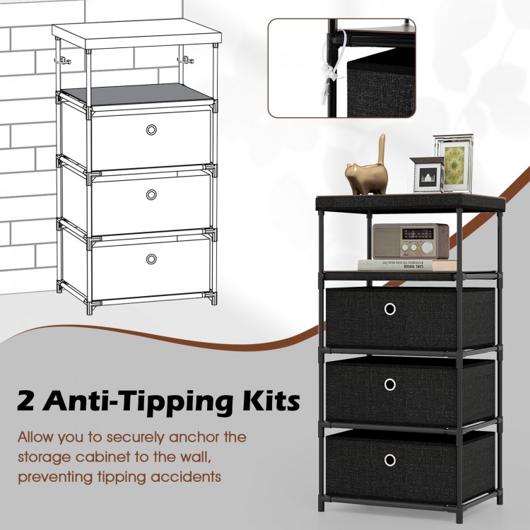 Dresser with 3 fabric drawers and wood top, featuring a metal frame and anti-tipping kits for safety in any room.