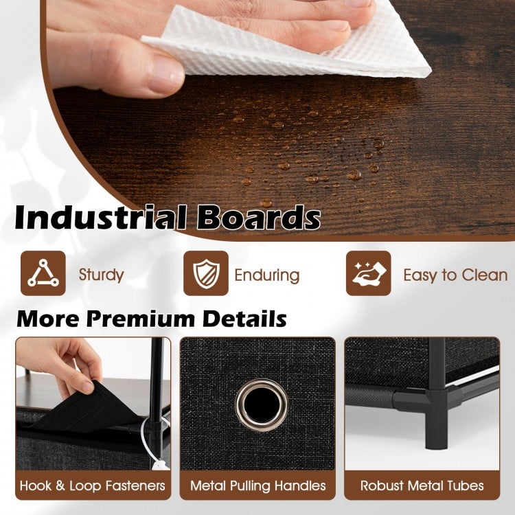 Close-up of the sturdy industrial board top of a dresser with metal frame, showcasing easy cleaning and durability.