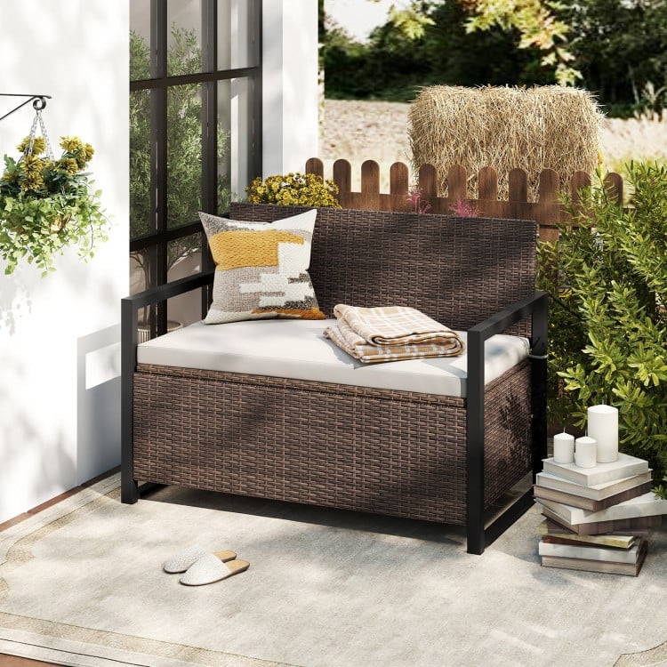 Patio storage bench in mix brown and off white with cushion, ideal for backyard or poolside seating and storage.