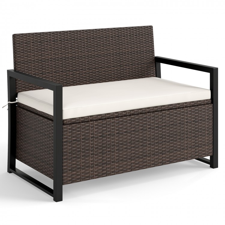 Patio storage bench in mix brown and off-white with ergonomic backrest and 40-gallon storage for outdoor use.