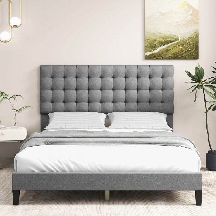 Queen size upholstered platform bed with tufted gray headboard, perfect for modern bedrooms and guest rooms.