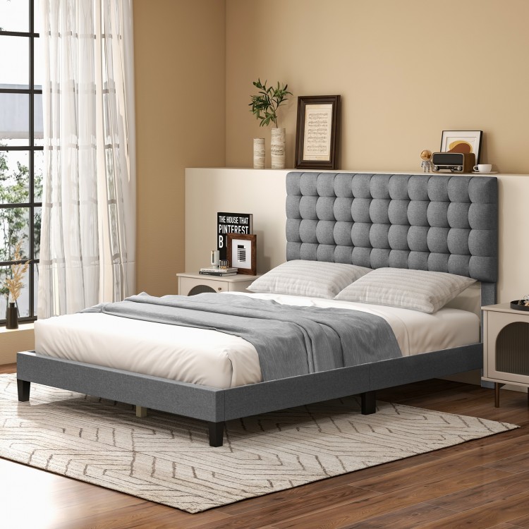 Queen size upholstered platform bed with tufted gray headboard, solid wooden slats, ideal for modern bedrooms.